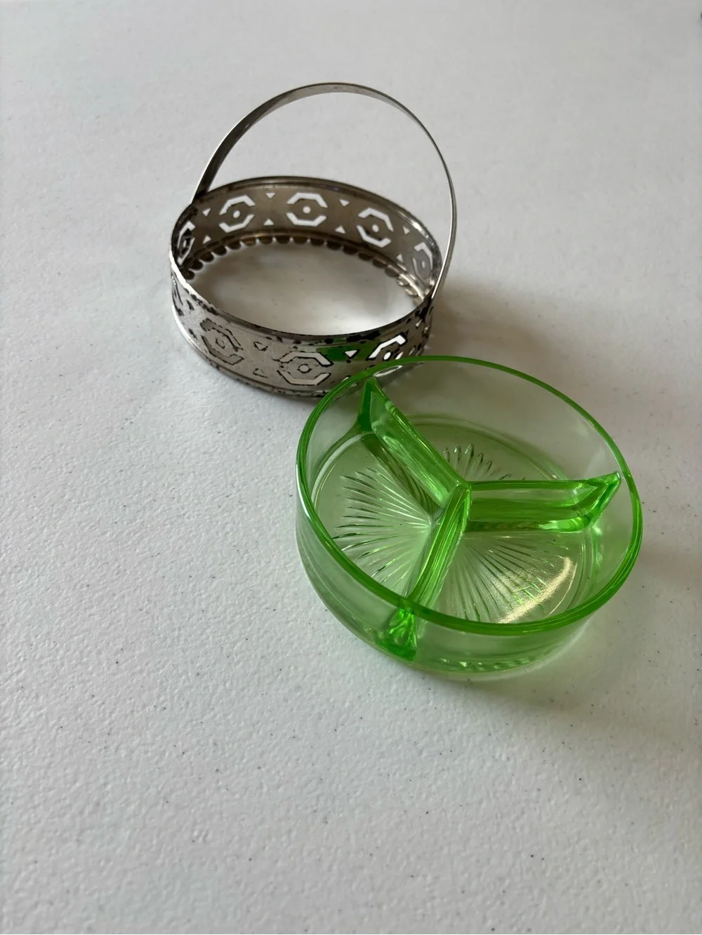 Vintage Green Glass Divided Candy Dish with Silver-Tone Basket - Picture 2 of 3